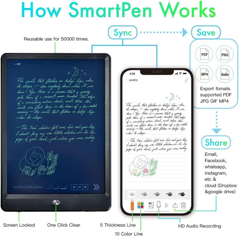 Smart Pen+Notebook+Tablet, SmartPen Real-time Sync for Digitizing, Storing, and Sharing Paper Notes, Ideal for Note Taking, Drawing