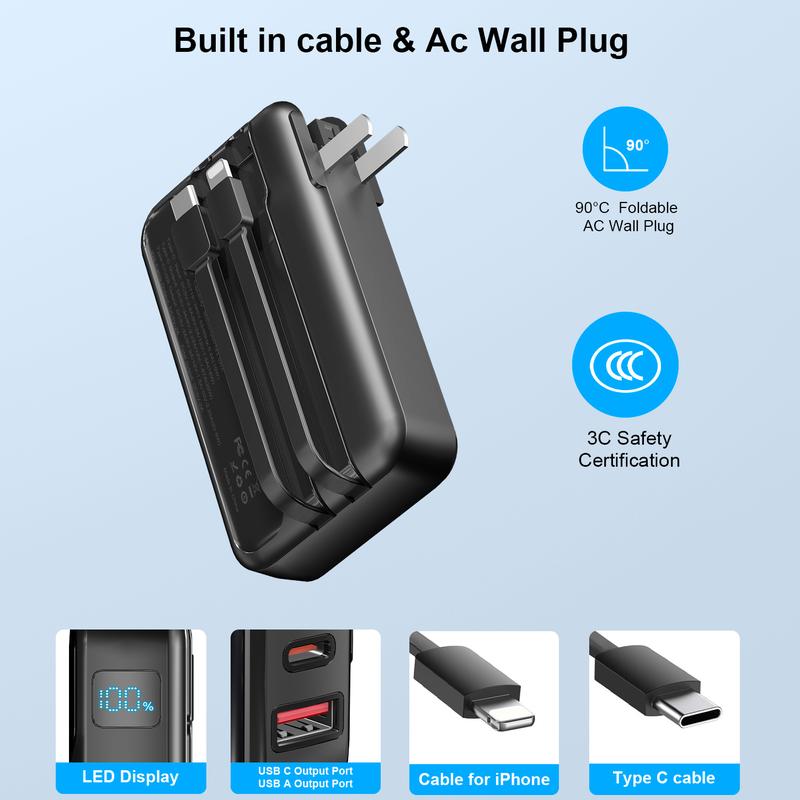 Portable Charger with built-in cables & AC wall plug. 22.5W fast charging, 38800mAh capacity, LED display. Compatible with iPhone, Android, and more!