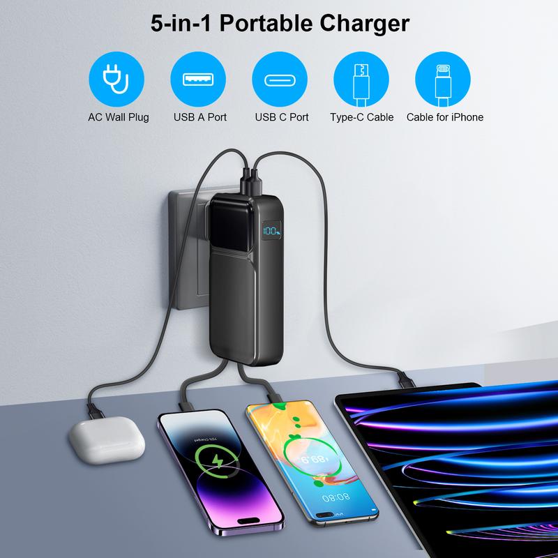 Portable Charger with built-in cables & AC wall plug. 22.5W fast charging, 38800mAh capacity, LED display. Compatible with iPhone, Android, and more!