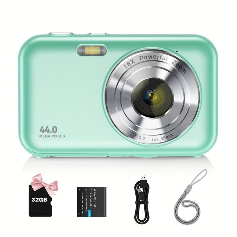 44MP Digital Camera Kit, FHD 1080P Camera with 32GB Card, 16X Digital Zoom Camera, Compact Small Point Shoot Camera for Student Teen Beginner, Point Shoot Cameras, Mini Camera for Vlogging, Stocking Fillers Gift