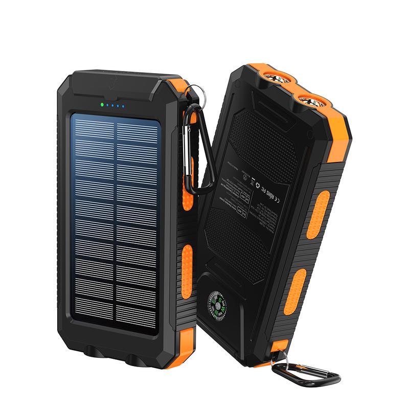 Solar portable charger -10000mAh built-in 2 LED flashlights, waterproof and dust-proof, compass, climbing buckle, USB-C interface output and input, external battery pack efficient charging, suitable for outdoor activities & travel