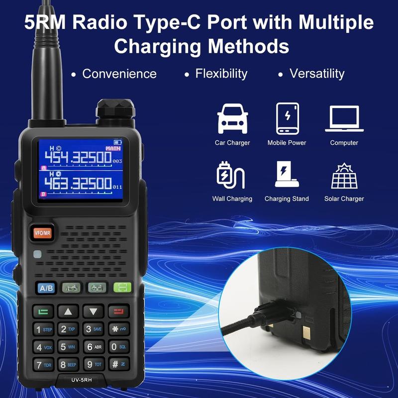 UV-5RM 10W Radio, Ham Radio Long Range with Tctical Antenna Handheld Multi-Band Two Way Walkie Talkie, Portable UV5RM GMRS Radio with Air Duct Earpiece & 2500mAh Type-C Port Battery