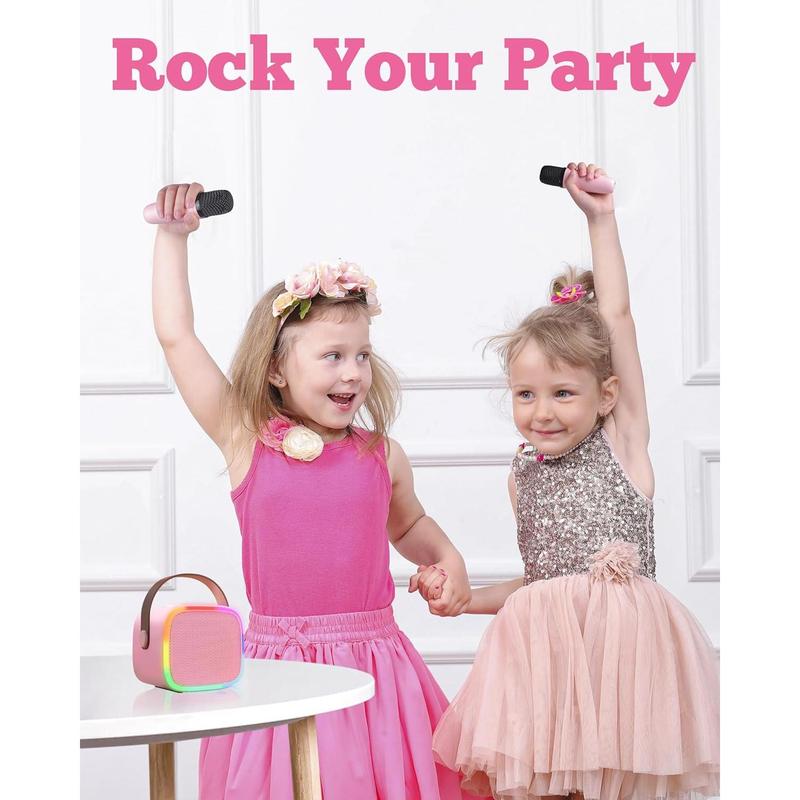 Mini Karaoke Machine for  with 2  Microphones,  Toys for Girls and Boys, Portable  Speaker with LED Disco Lights for Home Party, Birthday Gifts for Girls Boys (Pink)