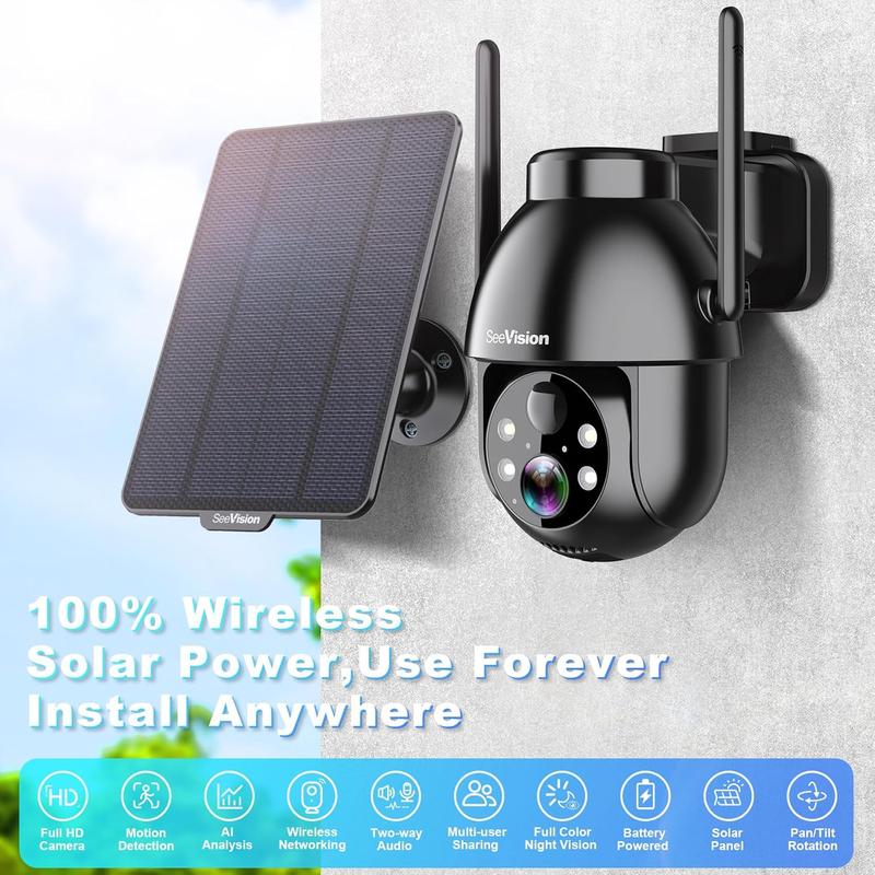 SeeVision Solar Security  WiFi 3MP Cameras Wireless Outdoor, 2K Battery Powered PTZ Indoor Security Camera for Home with Spotlight, PIR Motion Detection,Siren, Color Night Vision, 2-Way Talk