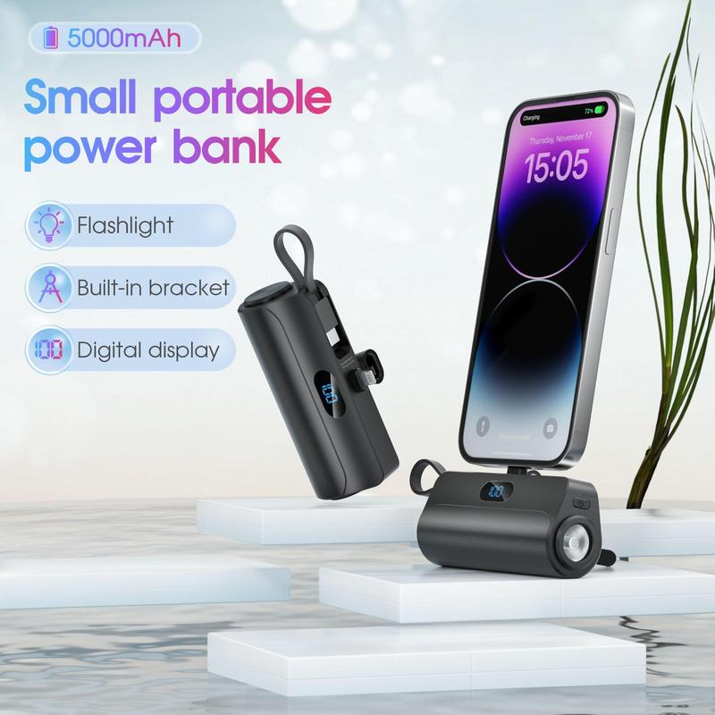 5000mAh Portable Mini Power Bank with Built-in Cables, Mobile Power Bank with LED Digital Display & Flashlight, Suitable for iPhone 15 14 13, Galaxy S21 & More, Phone Accessories, Portable Charger Power Bank