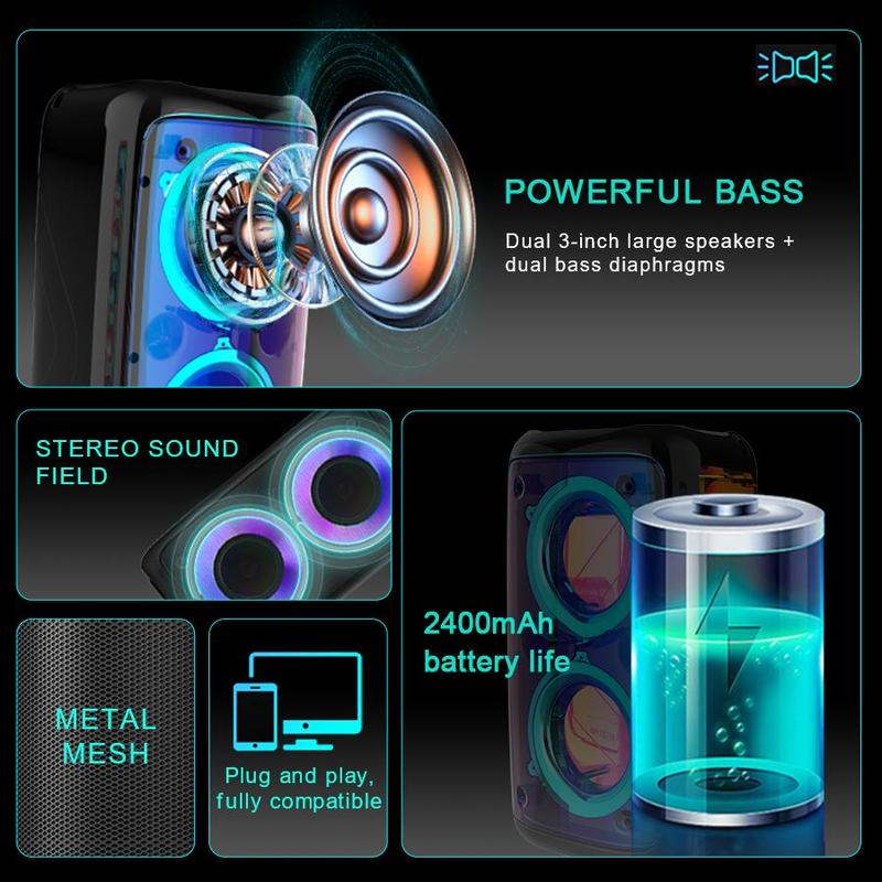 Portable Wireless Speaker with Microphone, 1 Box Rechargeable Stereo Sound Sub Woofer Speaker with RGB Colorful LED Lights, Karaoke Machine Sound System for Outdoor Sports Travel