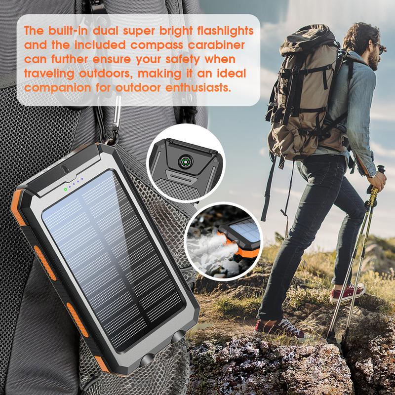 Solar portable charger -10000mAh built-in 2 LED flashlights, waterproof and dust-proof, compass, climbing buckle, USB-C interface output and input, external battery pack efficient charging, suitable for outdoor activities & travel