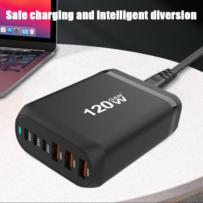 120W 6-Port USB Type-C Desktop Charger, Multifunctional PD Charger with US Plug, Portable Fast Charging Adapter for Home Office Travel, Portable Chargers, Boyfriend Gift