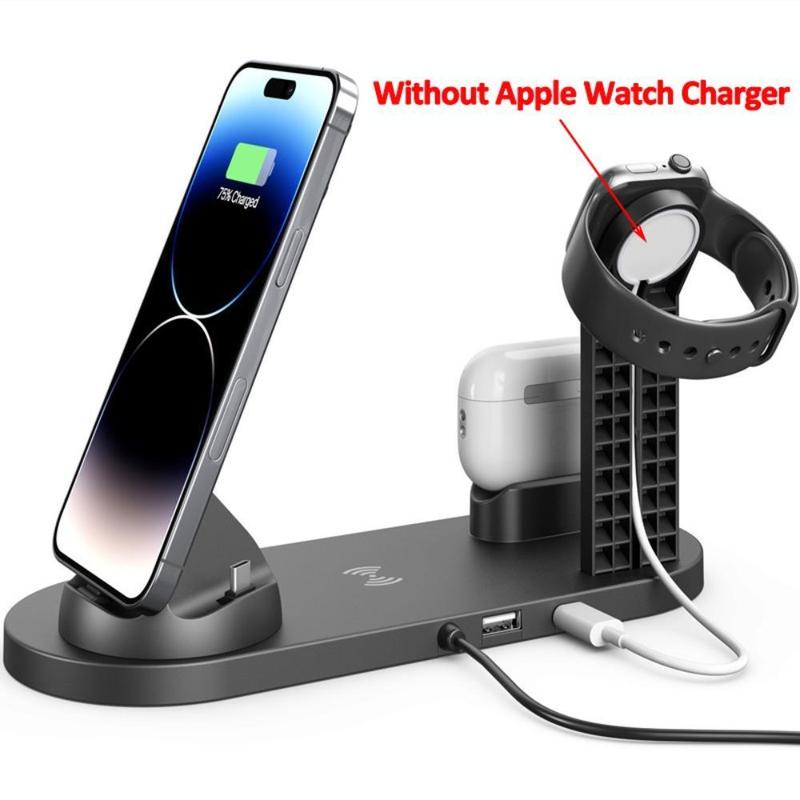 15W 6 in 1 Wireless Charger Stand, Multifunctional Desk Phone Holder, Fast Charging Station for iPhone 15 14 13 12 11 Pro Max Apple Watch AirPods