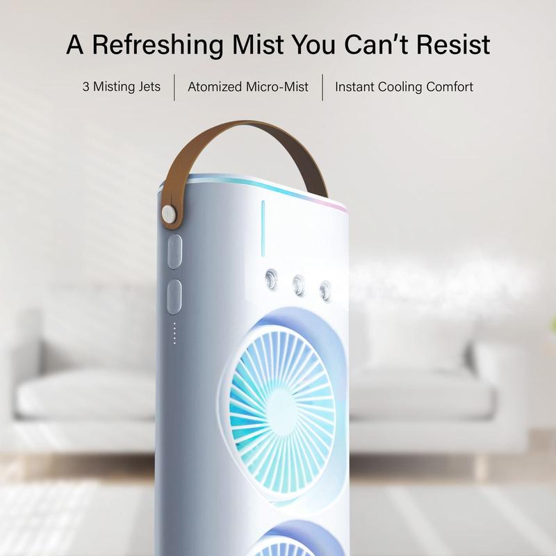 AquaMist Portable Misting Fan, Remote Controlled, Oscillating, USB-C Rechargeable, Color Changing, Lightweight, Portable,