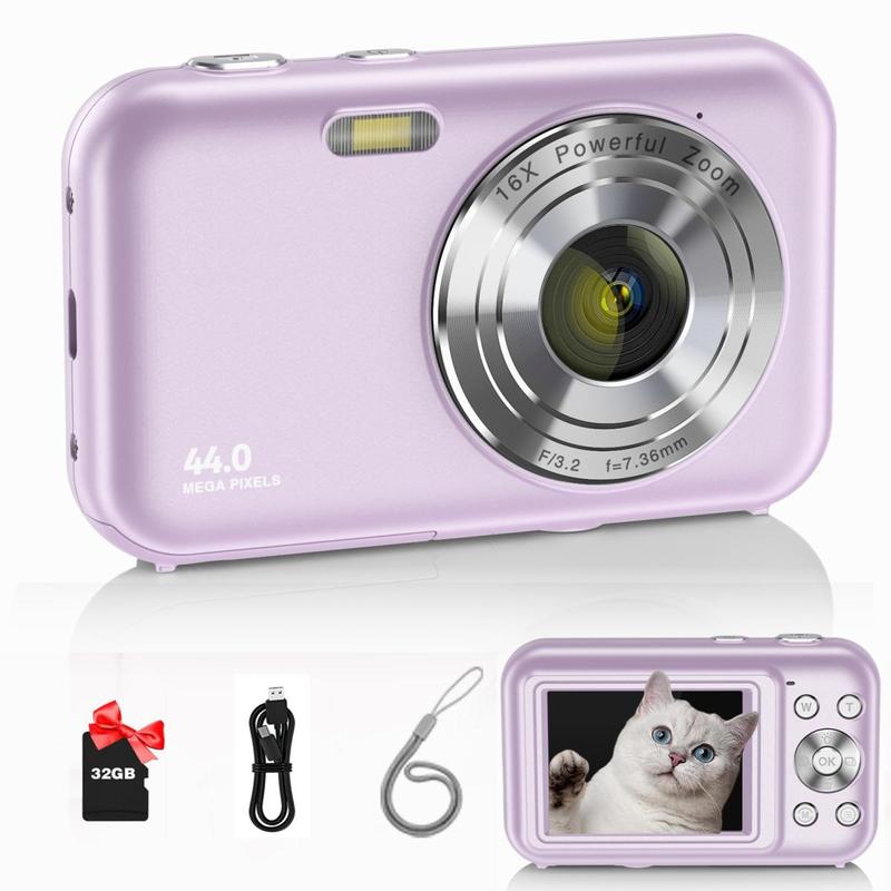 44MP Digital Camera Kit, FHD 1080P Camera with 32GB Card, 16X Digital Zoom Camera, Compact Small Point Shoot Camera for Student Teen Beginner, Point Shoot Cameras, Mini Camera for Vlogging, Stocking Fillers Gift