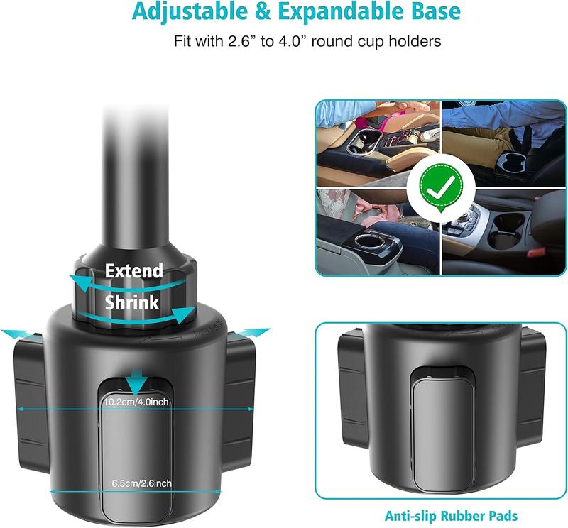 Cup Holder Phone Mount for Car, Universal Cupholder Cradle Cup Phone Holder for Car Truck with Adjustable Height, Expandable Base and 360° Rotation, Compatible with iPhone, Andriod Phones