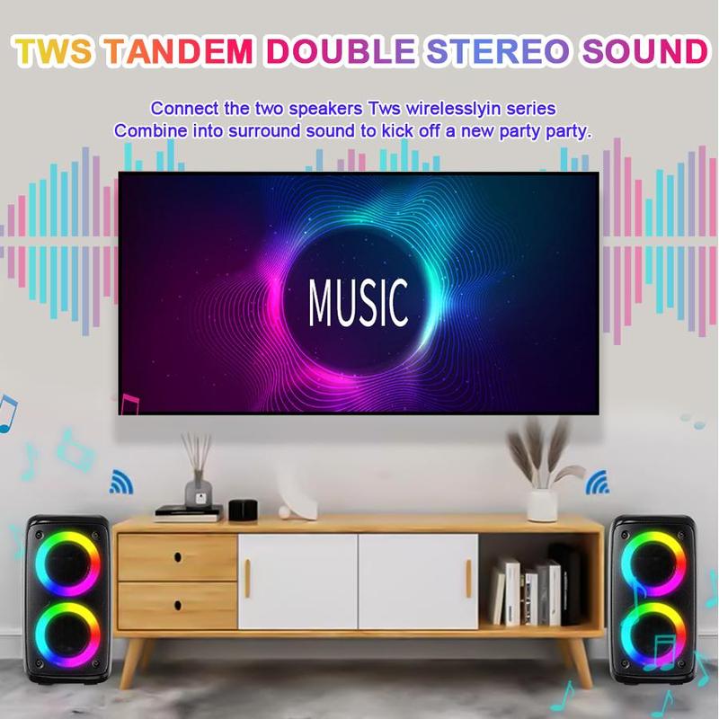 Portable Wireless Speaker with Microphone, 1 Box Rechargeable Stereo Sound Sub Woofer Speaker with RGB Colorful LED Lights, Karaoke Machine Sound System for Outdoor Sports Travel