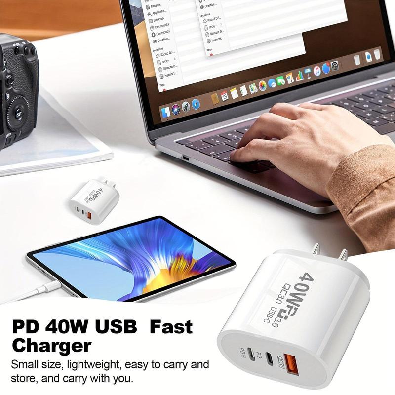 40W USB-C Power Adapter, 3-Port Charger with Fast Charging, PD USB-C TYPE C Wall Charger for iPhone 12 13 14 15 Samsung Android