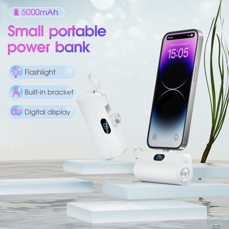 5000mAh Portable Mini Power Bank with Built-in Cables, Mobile Power Bank with LED Digital Display & Flashlight, Suitable for iPhone 15 14 13, Galaxy S21 & More, Phone Accessories, Portable Charger Power Bank