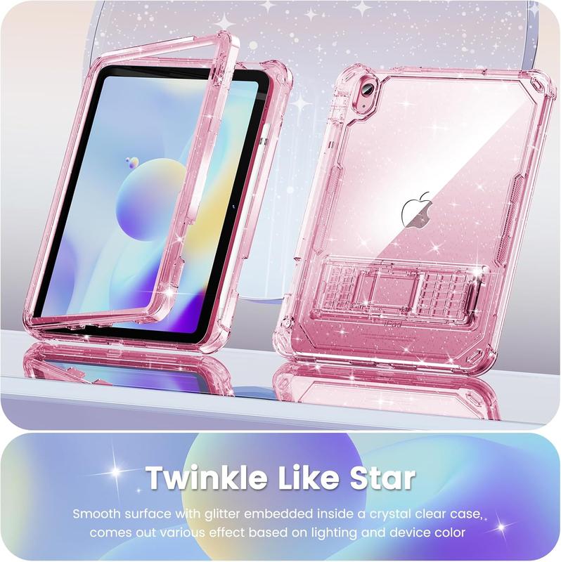 Compatible with iPad 10th Generation Case 10.9 inch, Glitter Sparkly Clear Dual Layer Protection Cute Case for Girls,  with Pencil Holder & Kickstand,Rose Pink