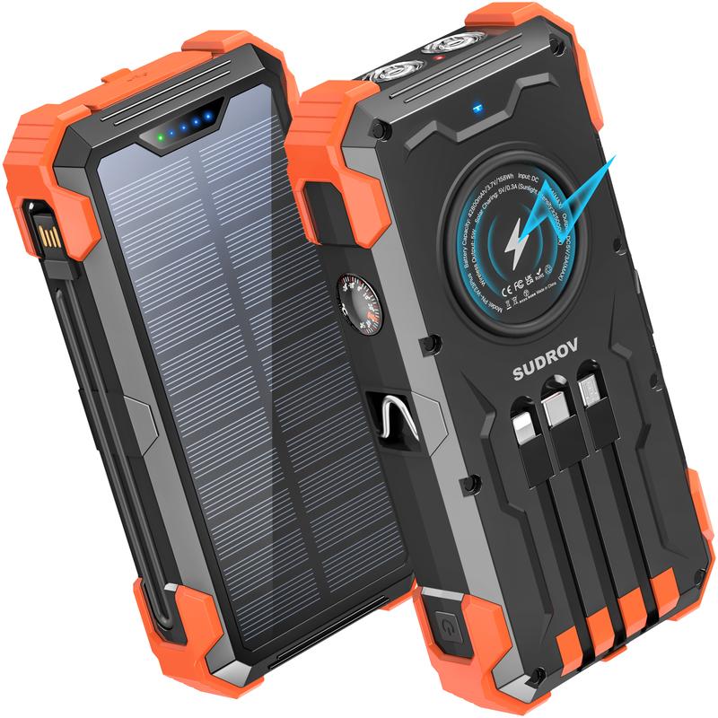 Sudrov 42800mAh Solar Charger Power Bank  Wireless Charger Built in 4 Cables 7 Outputs 15 Watts Fast Charging Power Bank for All Mobile Devices with Dual Flashlights, Carabiner and Thermometer