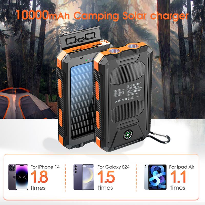 Solar portable charger -10000mAh built-in 2 LED flashlights, waterproof and dust-proof, compass, climbing buckle, USB-C interface output and input, external battery pack efficient charging, suitable for outdoor activities & travel