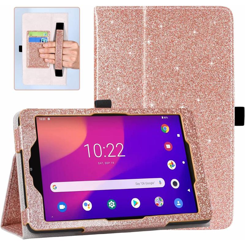 Case for Metro by T-Mobile Alcatel Joy Tab 2, 8 Inch Tablet 2020 Release, Shockproof Folio Cover Protector Accessory with Handle Hand Strap, Stand, Card Slot, Glitter Rose