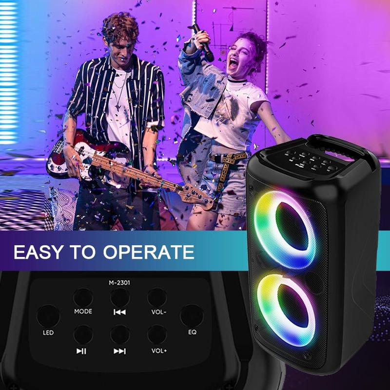 Portable Wireless Speaker with Microphone, 1 Box Rechargeable Stereo Sound Sub Woofer Speaker with RGB Colorful LED Lights, Karaoke Machine Sound System for Outdoor Sports Travel