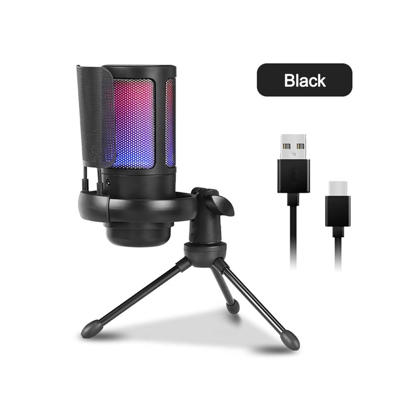 Gaming USB Microphone for PC PS5, Condenser Mic with Quick Mute, RGB Indicator, Tripod Stand, Pop Filter, Shock Mount, Gain Control for Streaming Discord Twitch Podcasts Videos Audio Recording