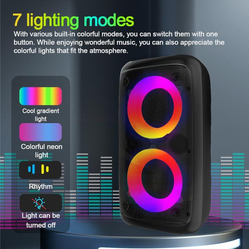 Portable Wireless Speaker with Microphone, 1 Box Rechargeable Stereo Sound Sub Woofer Speaker with RGB Colorful LED Lights, Karaoke Machine Sound System for Outdoor Sports Travel