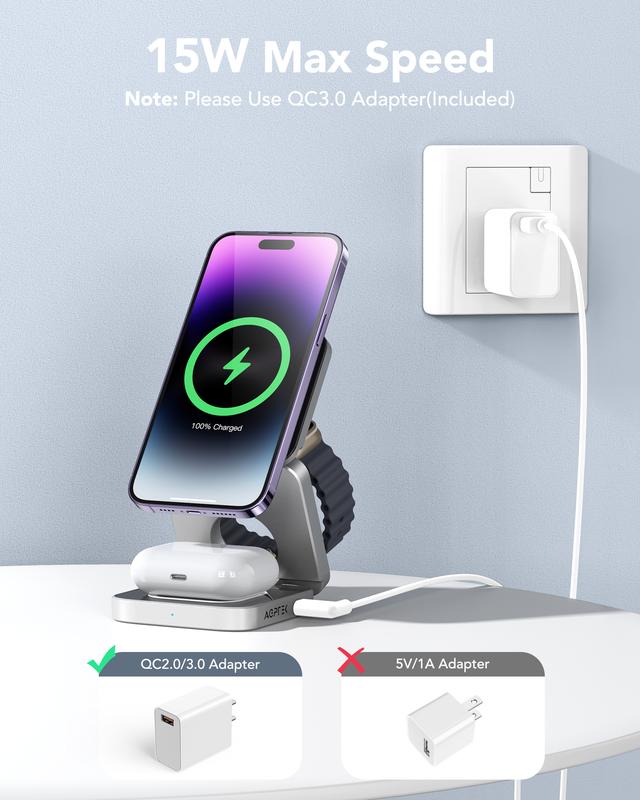 Magnetic Wireless Charger, 3-in-1 Foldable Charging Station, Mag -Safe Charger Compatible with iPhone 15, 14, 13, 12 Pro Pro Max Mini, Apple Watch & AirPods, Travel Charger with Travel Case & 18W Adapter wireless charger