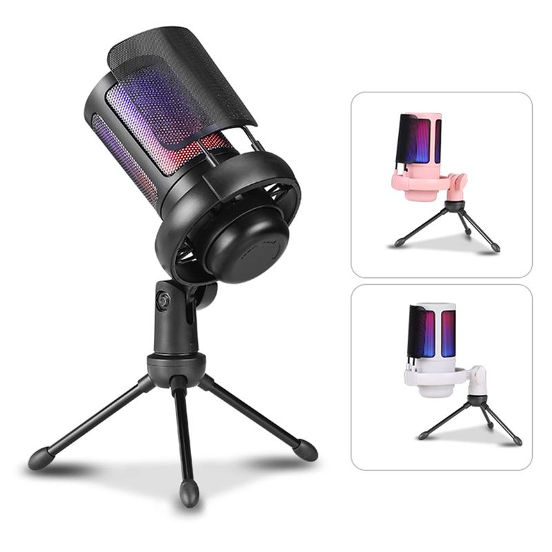 Gaming USB Microphone for PC PS5, Condenser Mic with Quick Mute, RGB Indicator, Tripod Stand, Pop Filter, Shock Mount, Gain Control for Streaming Discord Twitch Podcasts Videos Audio Recording