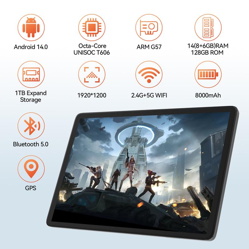 2024 Android 14 Tablet, 10.1 inch 4G Cellular Tablets with Dual Sim Slot, 14GB RAM(8+6 Virtual)+128GB ROM 1TB Expand, Octa-Core, 5G WIFI,Dual Camera,Support Face Unlock,7000mAh, tablet on sale, Christmas gift, Black Friday Deal Smartphone Cellphone