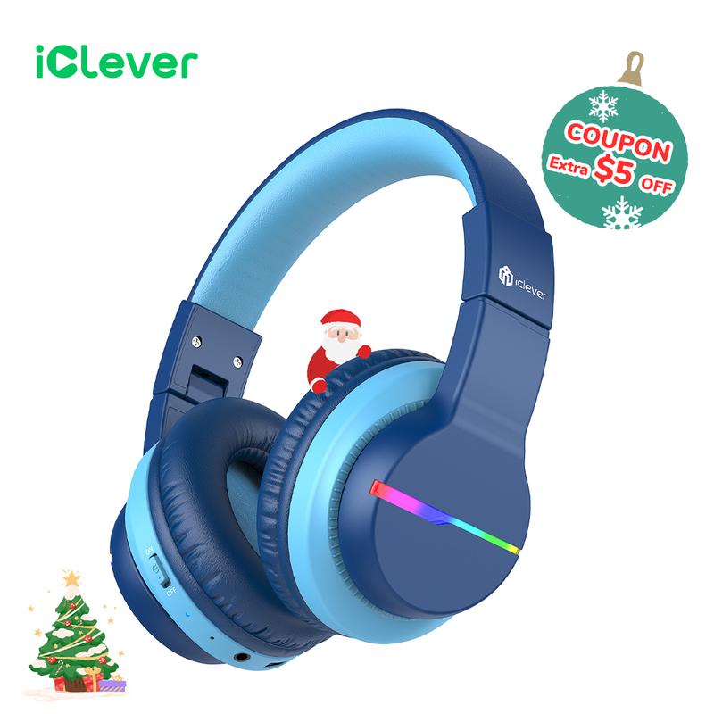 iClever BTH12 Kids Bluetooth Headphones Colorful LED Lights Wireless Headphones,74 85 94dB Volume Limited,55H Playtime ,Bluetooth 5.2,Over Ear Headphones Built-in Mic for iPad Tablet