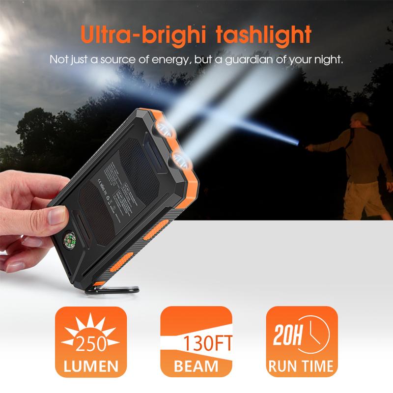 Solar portable charger -10000mAh built-in 2 LED flashlights, waterproof and dust-proof, compass, climbing buckle, USB-C interface output and input, external battery pack efficient charging, suitable for outdoor activities & travel