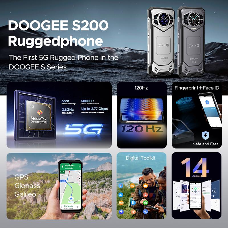 DOOGEE S200 5G Rugged Phone 6.72 Inch unlocked phone 12GB RAM 256GB ROM Mobile Phone 10100mAh 100MP AI Main Camera Android 14 Cellphone NFC