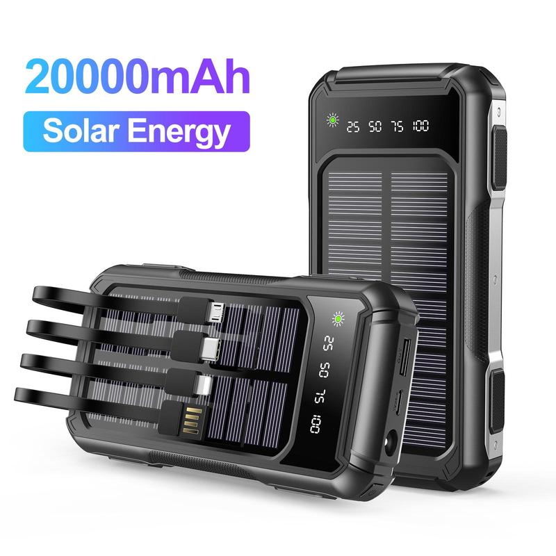 20000mAh Solar Power Bank for Summer, Large Capacity Power Bank with Power Display Compatible with iPhone & Huawei Phone, Mobile Changer with Built-in Cables & Flashlight, Phone Charging Accessories, Boyfriend Gift