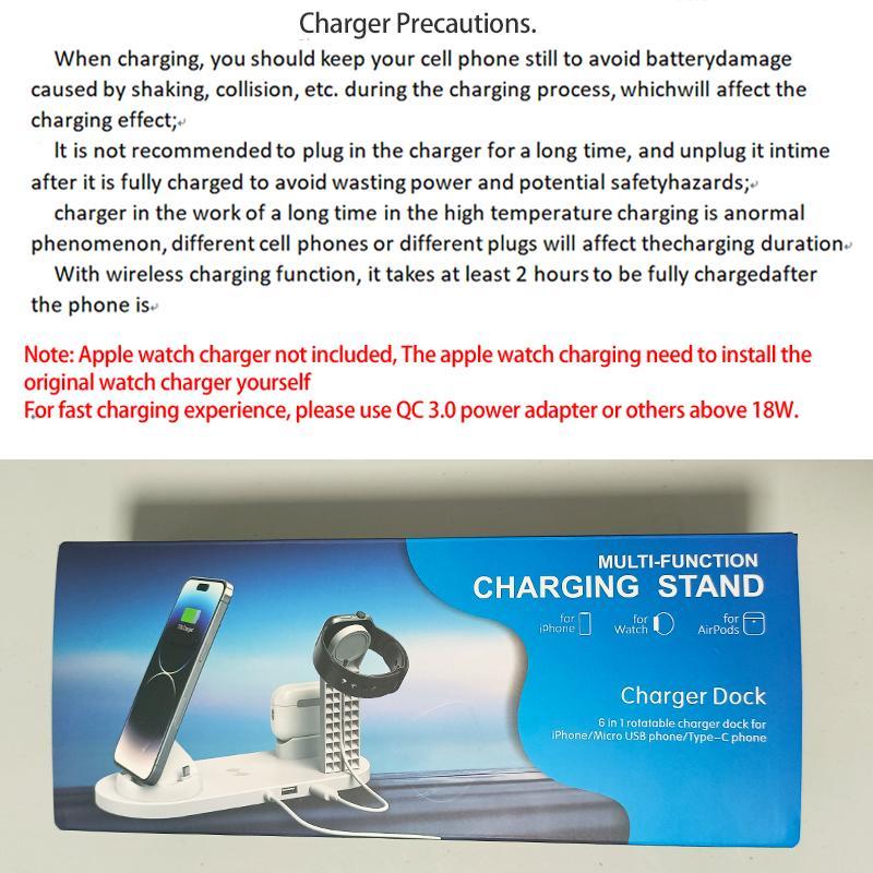 15W 6 in 1 Wireless Charger Stand, Multifunctional Desk Phone Holder, Fast Charging Station for iPhone 15 14 13 12 11 Pro Max Apple Watch AirPods