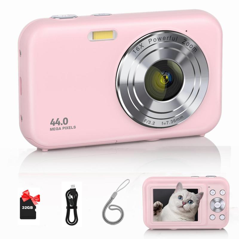 44MP Digital Camera Kit, FHD 1080P Camera with 32GB Card, 16X Digital Zoom Camera, Compact Small Point Shoot Camera for Student Teen Beginner, Point Shoot Cameras, Mini Camera for Vlogging, Stocking Fillers Gift