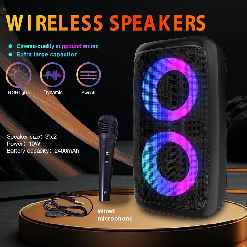 Portable Wireless Speaker with Microphone, 1 Box Rechargeable Stereo Sound Sub Woofer Speaker with RGB Colorful LED Lights, Karaoke Machine Sound System for Outdoor Sports Travel