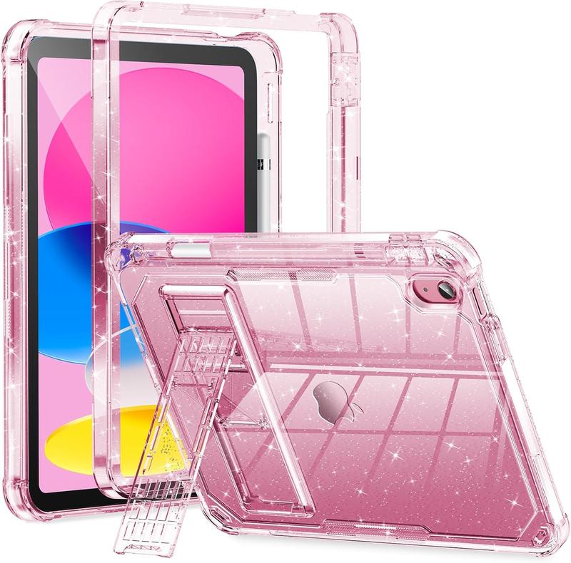 Compatible with iPad 10th Generation Case 10.9 inch, Glitter Sparkly Clear Dual Layer Protection Cute Case for Girls,  with Pencil Holder & Kickstand,Rose Pink