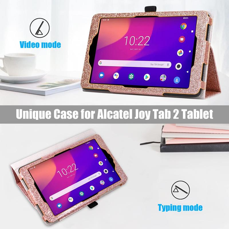 Case for Metro by T-Mobile Alcatel Joy Tab 2, 8 Inch Tablet 2020 Release, Shockproof Folio Cover Protector Accessory with Handle Hand Strap, Stand, Card Slot, Glitter Rose