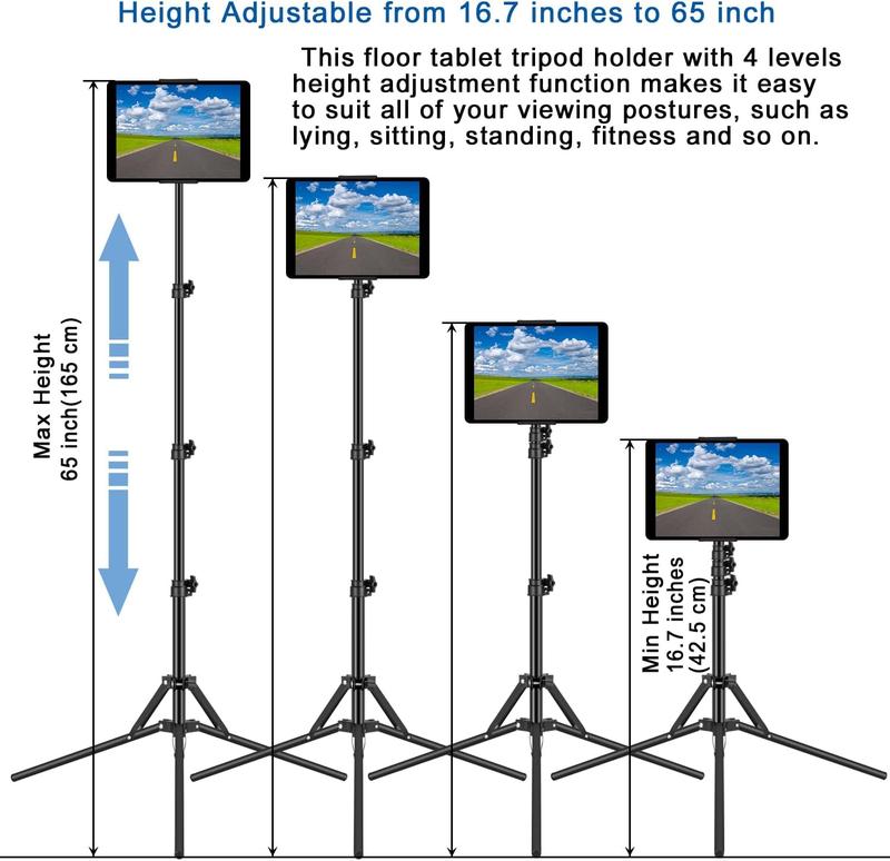 Tripod Floor Stand, with 65 inch Height Adjustable Stand Holder & 360 Rotating iPad Tripod Mount for iPad Pro, , Kindle, and All 4.5-12.9 Inch Tablets