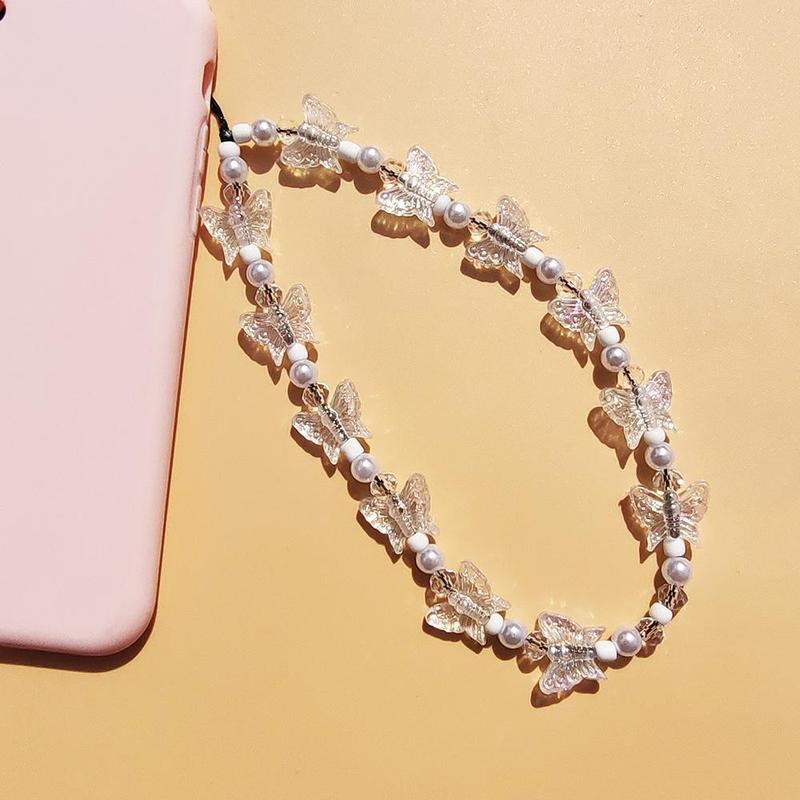 Fashion Artificial Crystal Butterfly Beaded Phone Chain, Acrylic Artificial Pearl Decor Mobile Phone Ornament, Anti Lost Phone Holder Wrist Strap, Fashion Phone Pendant for Women, Phone Accessories