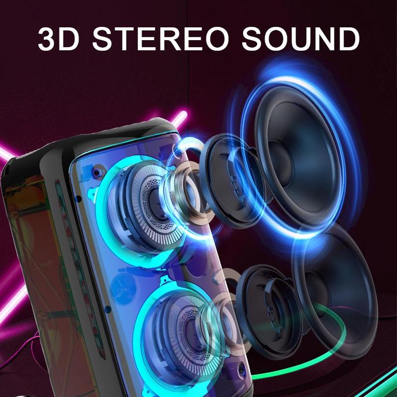 Portable Wireless Speaker with Microphone, 1 Box Rechargeable Stereo Sound Sub Woofer Speaker with RGB Colorful LED Lights, Karaoke Machine Sound System for Outdoor Sports Travel