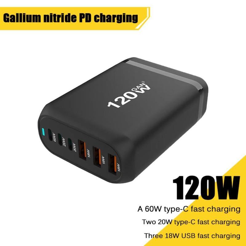 120W 6-Port USB Type-C Desktop Charger, Multifunctional PD Charger with US Plug, Portable Fast Charging Adapter for Home Office Travel, Portable Chargers, Boyfriend Gift