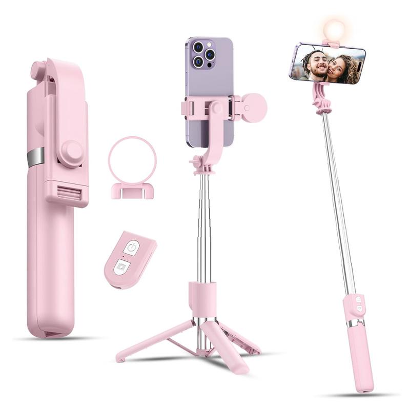 Selfie Stick with Rechargable Remote and Light, Tripod for iPhone, Cell Phone Stand for Video Recording, Portable Travel Essentials Smartphone Mount Holder, Extendable Vlogging Filming Accessories