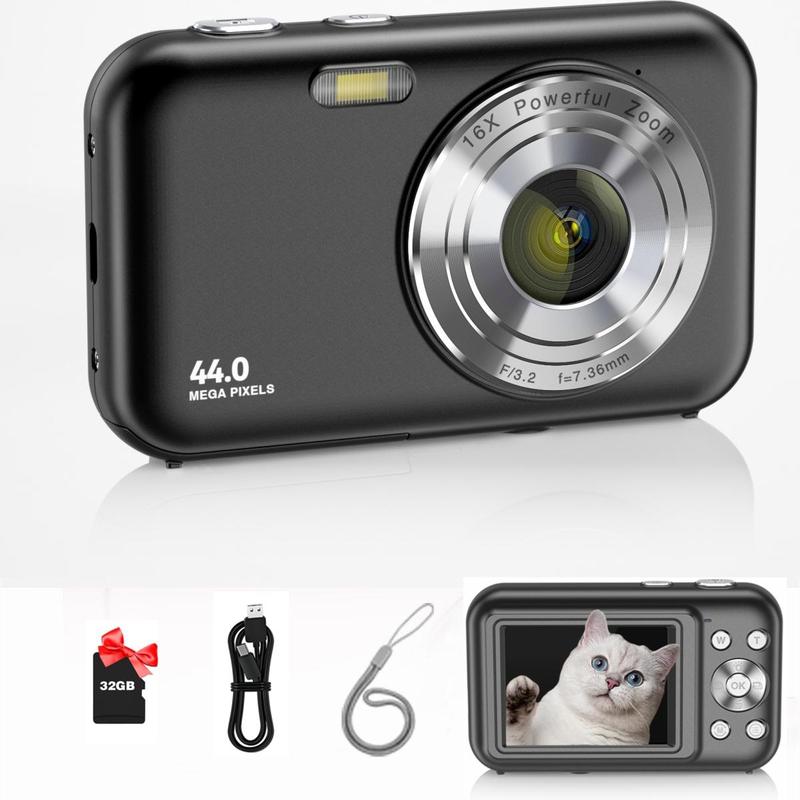 44MP Digital Camera Kit, FHD 1080P Camera with 32GB Card, 16X Digital Zoom Camera, Compact Small Point Shoot Camera for Student Teen Beginner, Point Shoot Cameras, Mini Camera for Vlogging, Stocking Fillers Gift