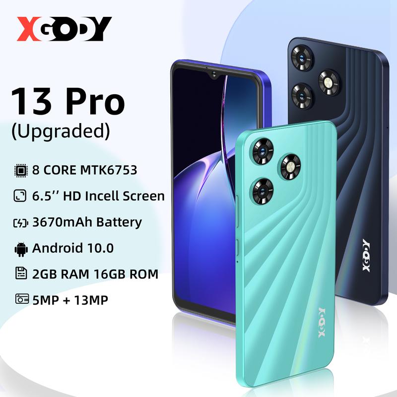 Xgody 13 Pro 6.56'' HD Screen Unlocked 4G LTE Cellphone - Dual SIM, 15MP+5MP Camera, 2GB+16GB, Face Unlock & 3670mAh Battery Android Smartphone