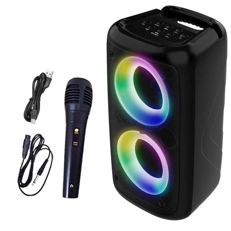 Portable Wireless Speaker with Microphone, 1 Box Rechargeable Stereo Sound Sub Woofer Speaker with RGB Colorful LED Lights, Karaoke Machine Sound System for Outdoor Sports Travel