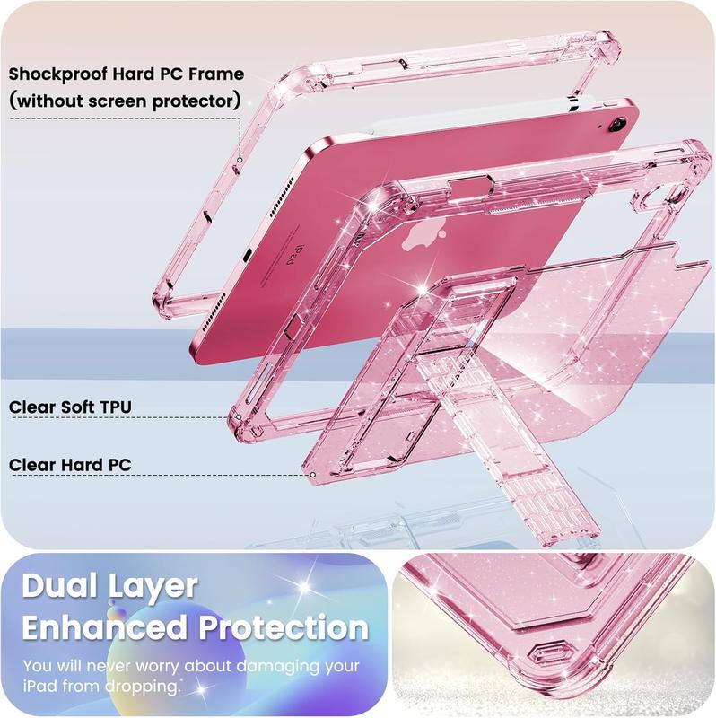 Compatible with iPad 10th Generation Case 10.9 inch, Glitter Sparkly Clear Dual Layer Protection Cute Case for Girls,  with Pencil Holder & Kickstand,Rose Pink