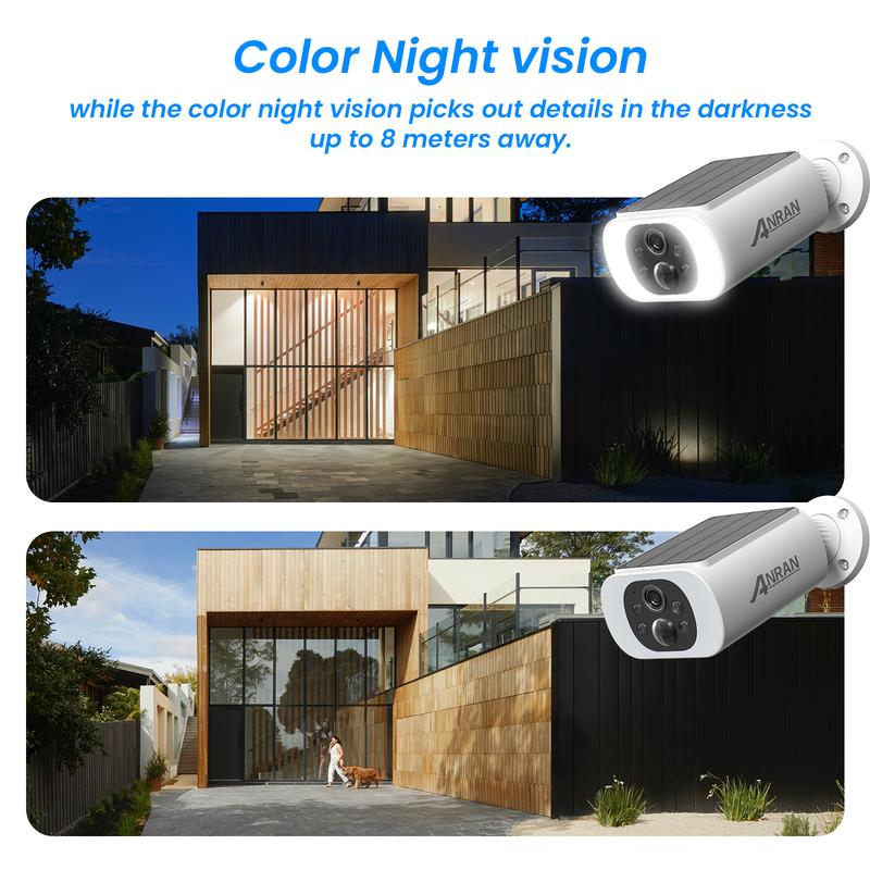 ANRAN 2K Solar Camera Outdoor,100% Wireless Home Security Camera,Support 2.4G WiFi,Color Night Vision,2 Way Audio,PIR Motion Detection,IP65 Waterproof