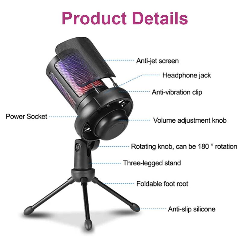 Gaming USB Microphone for PC PS5, Condenser Mic with Quick Mute, RGB Indicator, Tripod Stand, Pop Filter, Shock Mount, Gain Control for Streaming Discord Twitch Podcasts Videos Audio Recording