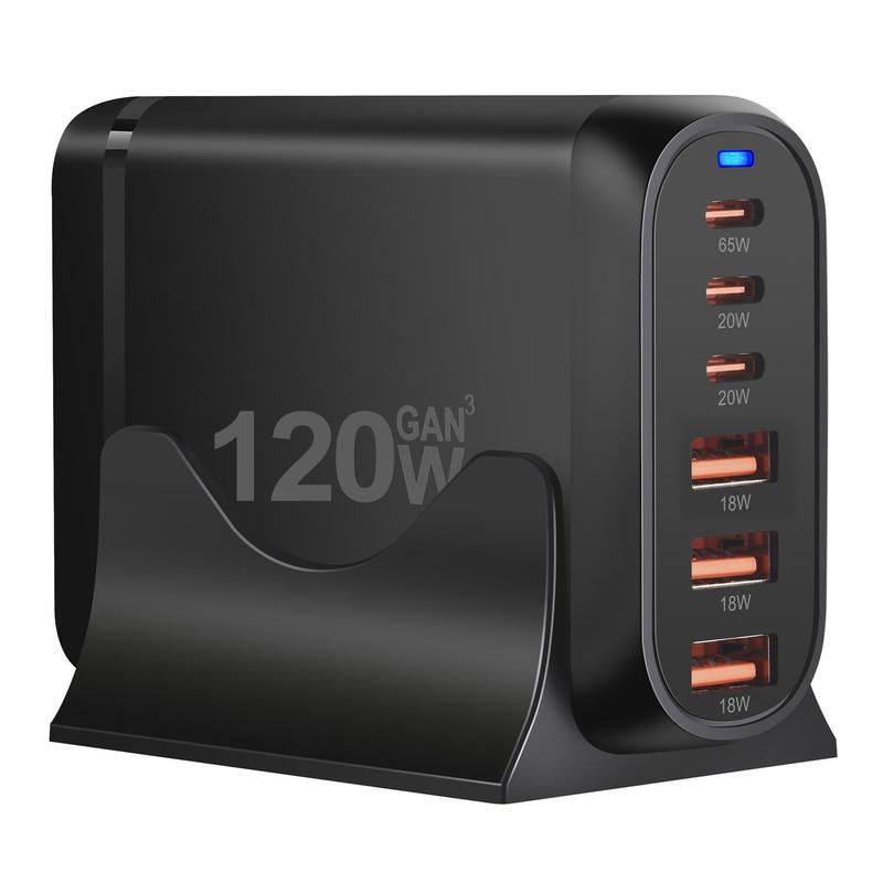 120W 6-Port USB Type-C Desktop Charger, Multifunctional PD Charger with US Plug, Portable Fast Charging Adapter for Home Office Travel, Portable Chargers, Boyfriend Gift